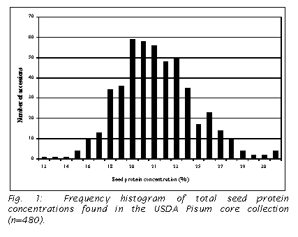 Text Box:  
Fig. 1:  Frequency histogram of total seed protein concentrations found in the USDA Pisum core collection (n=480).

